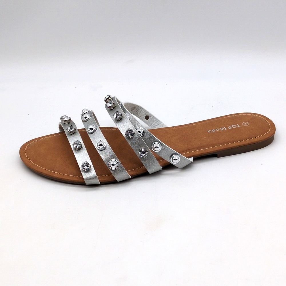 Top Moda Shoes Womens Hydra-30 Silver 9 Slide Sandals Beaded Studded Flat NEW